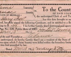 1916 Sparrow Bounty Receipt 1916 Sparrow Bounty Receipt