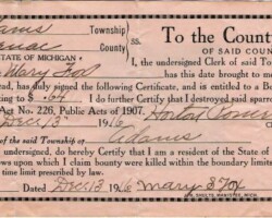 1916 Sparrow Bounty Receipt 1916 Sparrow Bounty Receipt
