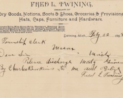 1898 Fred L Twining Notice to Mason Twp Clerk 1898 Fred L Twining Notice to Mason Twp Clerk