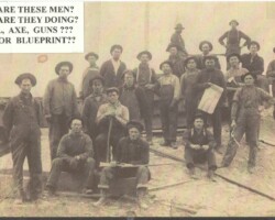 Who are these men? Where are they? When? What is the event? Can you identify the objects they are holding? What kind of gun, what would the drill be for? Large group of men with guns, a hand drill & a large document